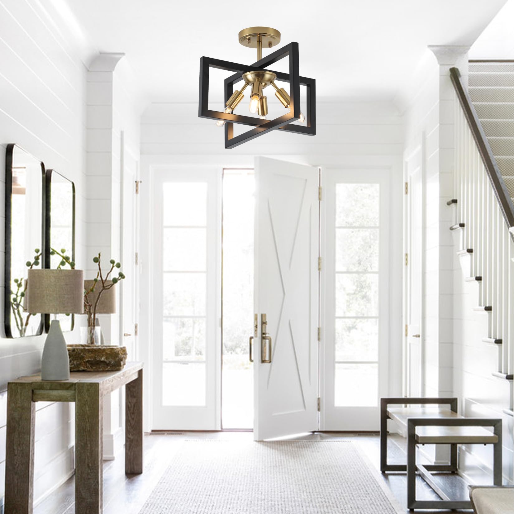 Semi-Flush Mount Ceiling Light - Black and Gold Industrial 4-Light Fixture