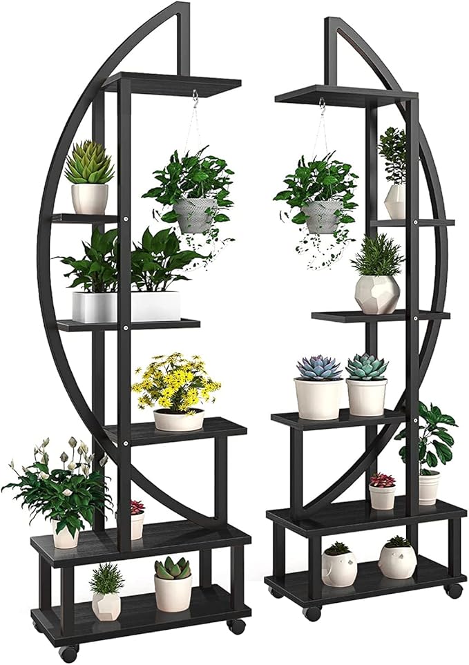 2 Pcs 6 Tier Tall Metal Indoor Plant Stand with Detachable Wheels, Plant Shelf Holder
