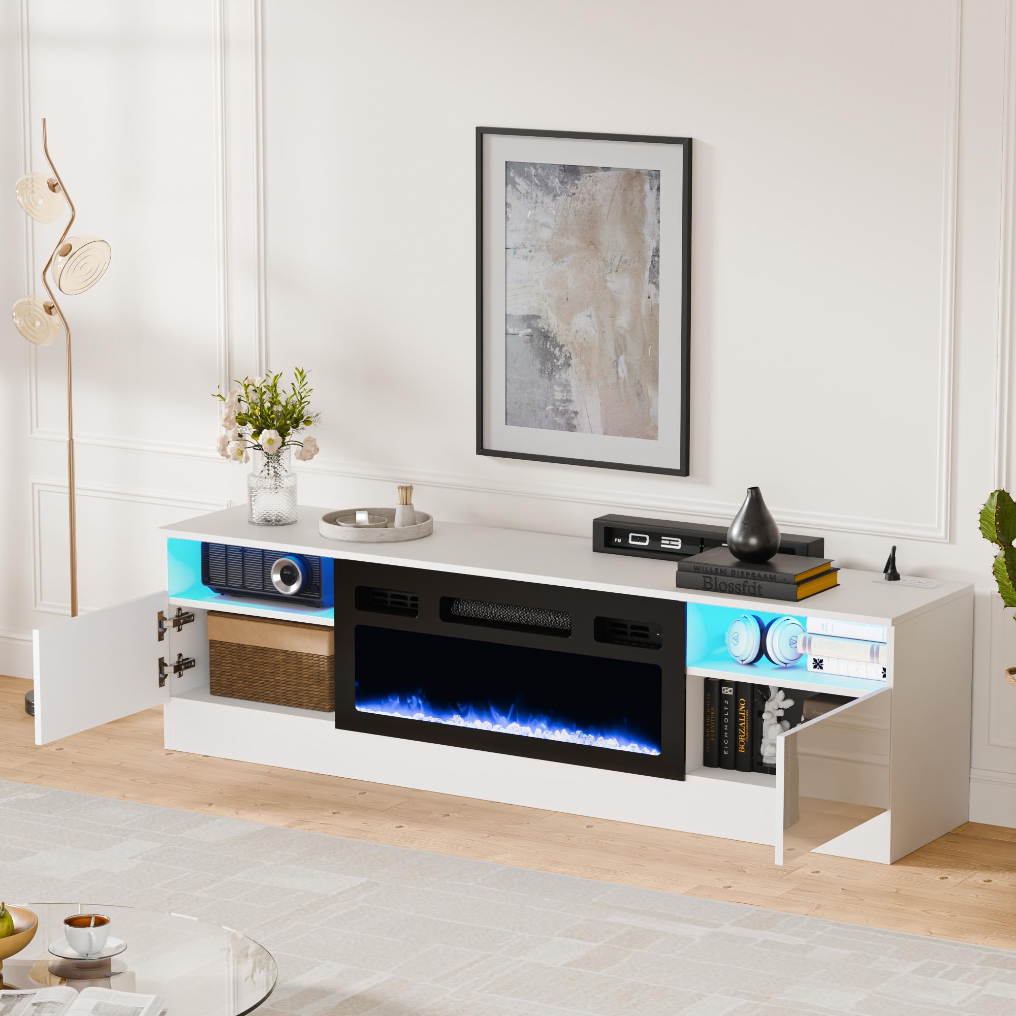 LED High Gloss TV Stand with Electric Fireplace - White