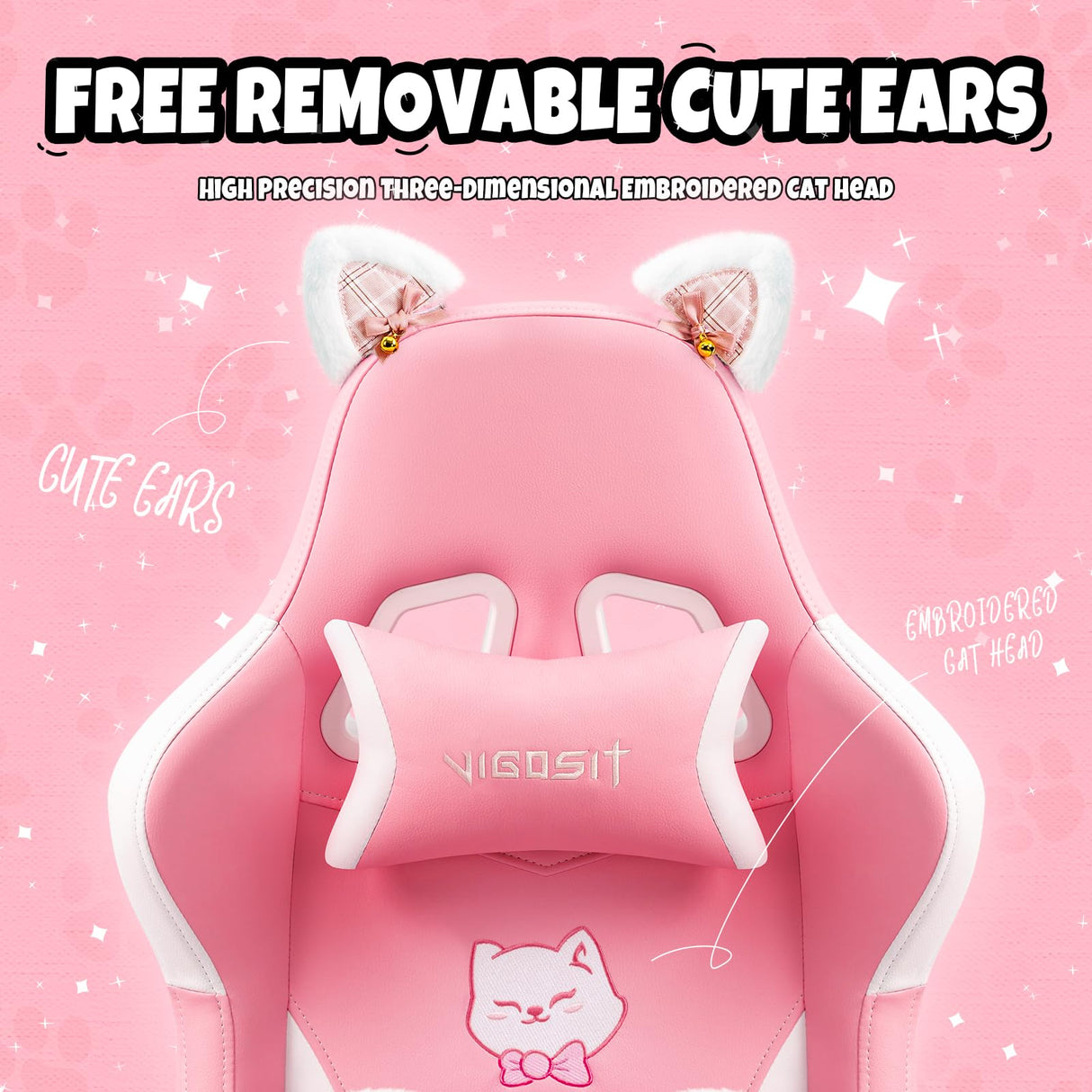 Pink Gaming Chair with Cat Paw Lumbar Cushion and Cat Ears