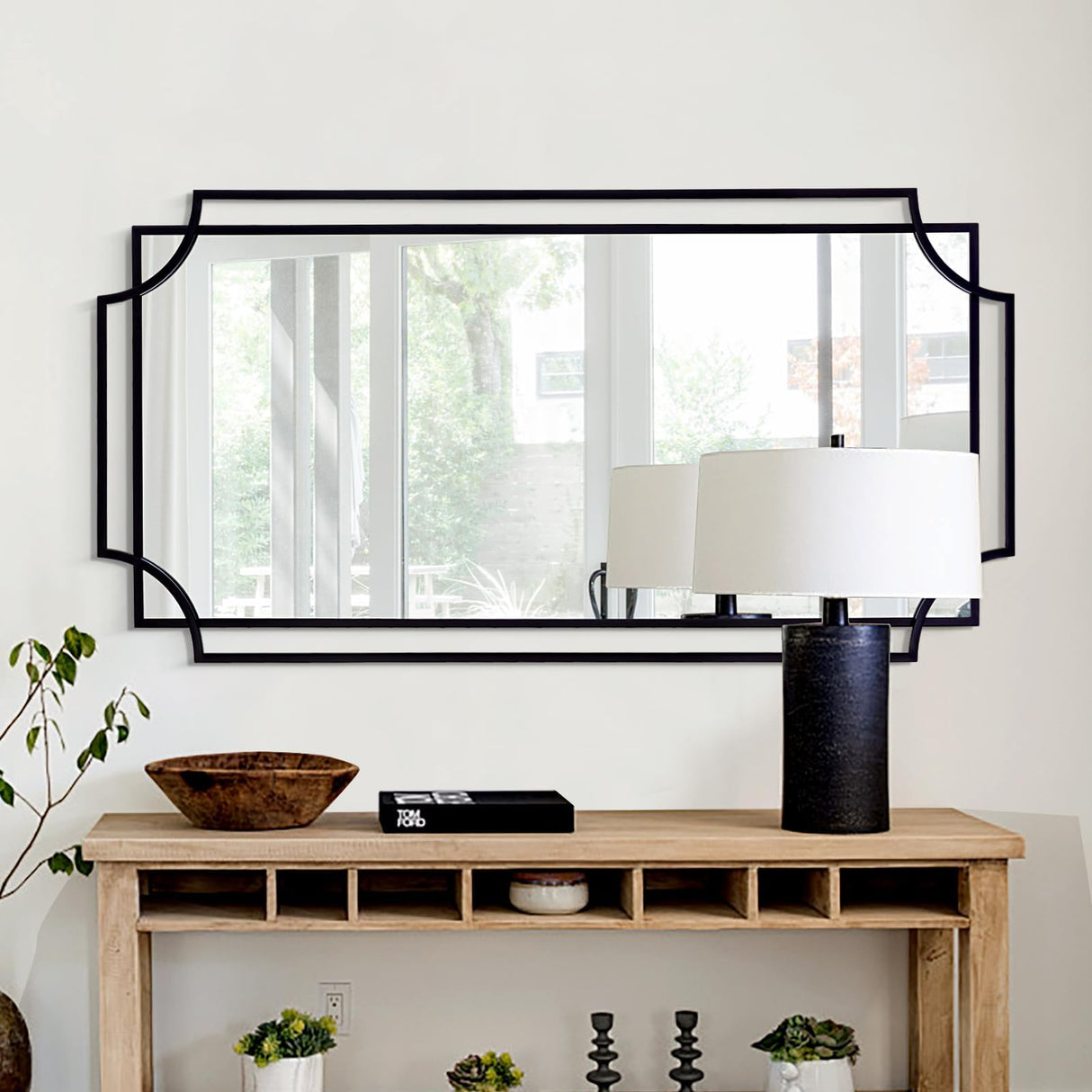 55" x 28" Large Rectangular Wall Mirror - Black Scalloped Frame