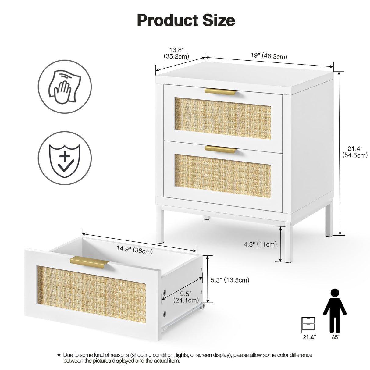 White nightstands with 2 Drawers, Natural Rattan Night Stand, White End Table with Metal Legs, Bedside Table for Bedroom