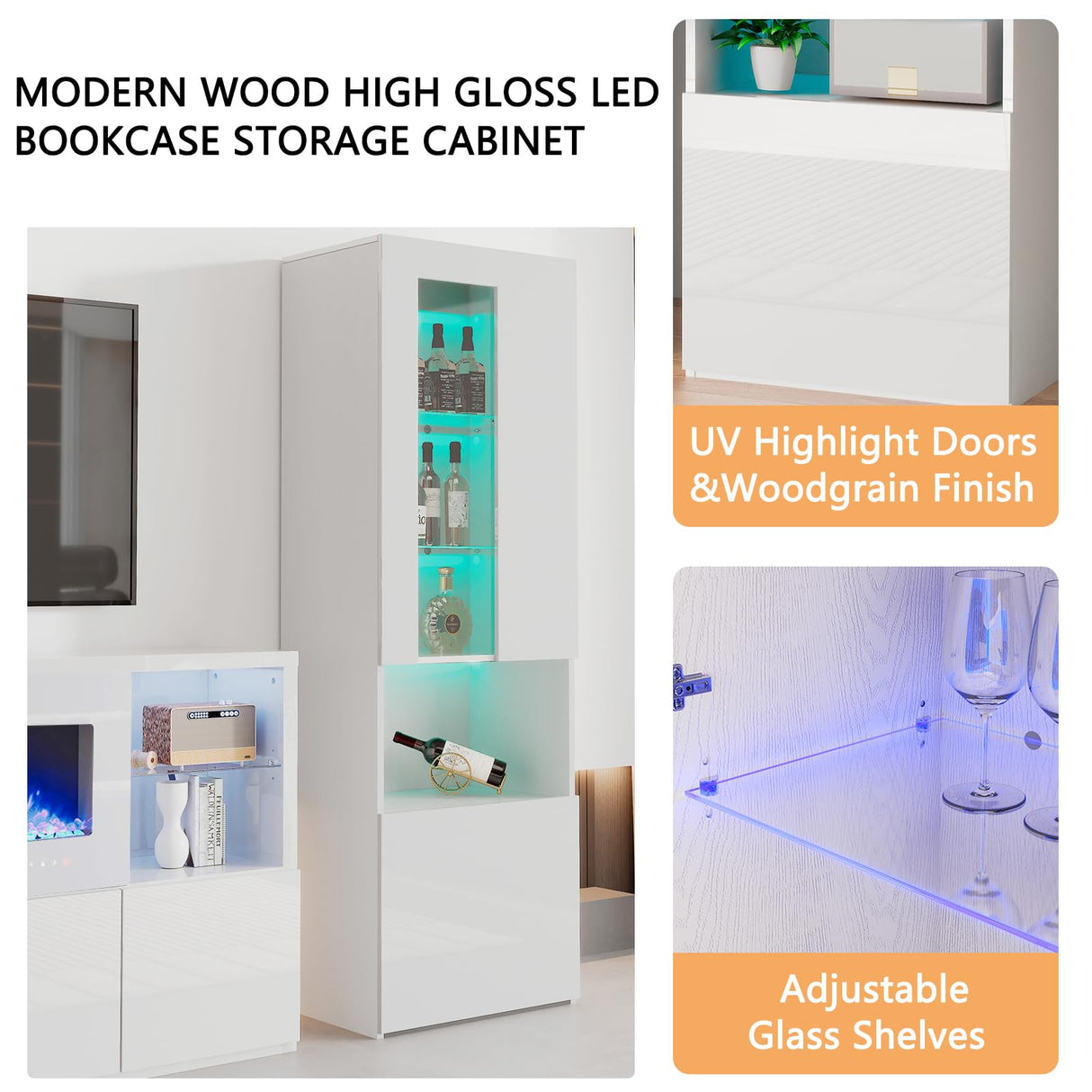 3 Piece Modern High Gloss Fireplace TV Stand + Bookcase Set for Living Room