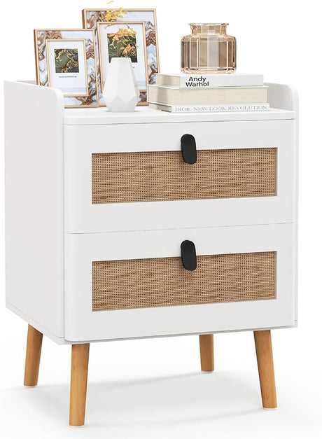 Rattan Nightstand Set of 2, Boho Side Table with 2 Rattan Drawers & 4 Solid Wood Legs,