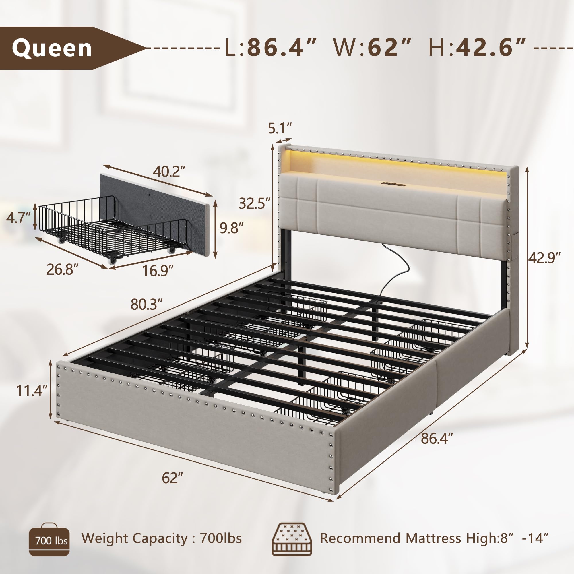 Queen Bed Frame with Storage Drawers, LED Lights & Charging Station
