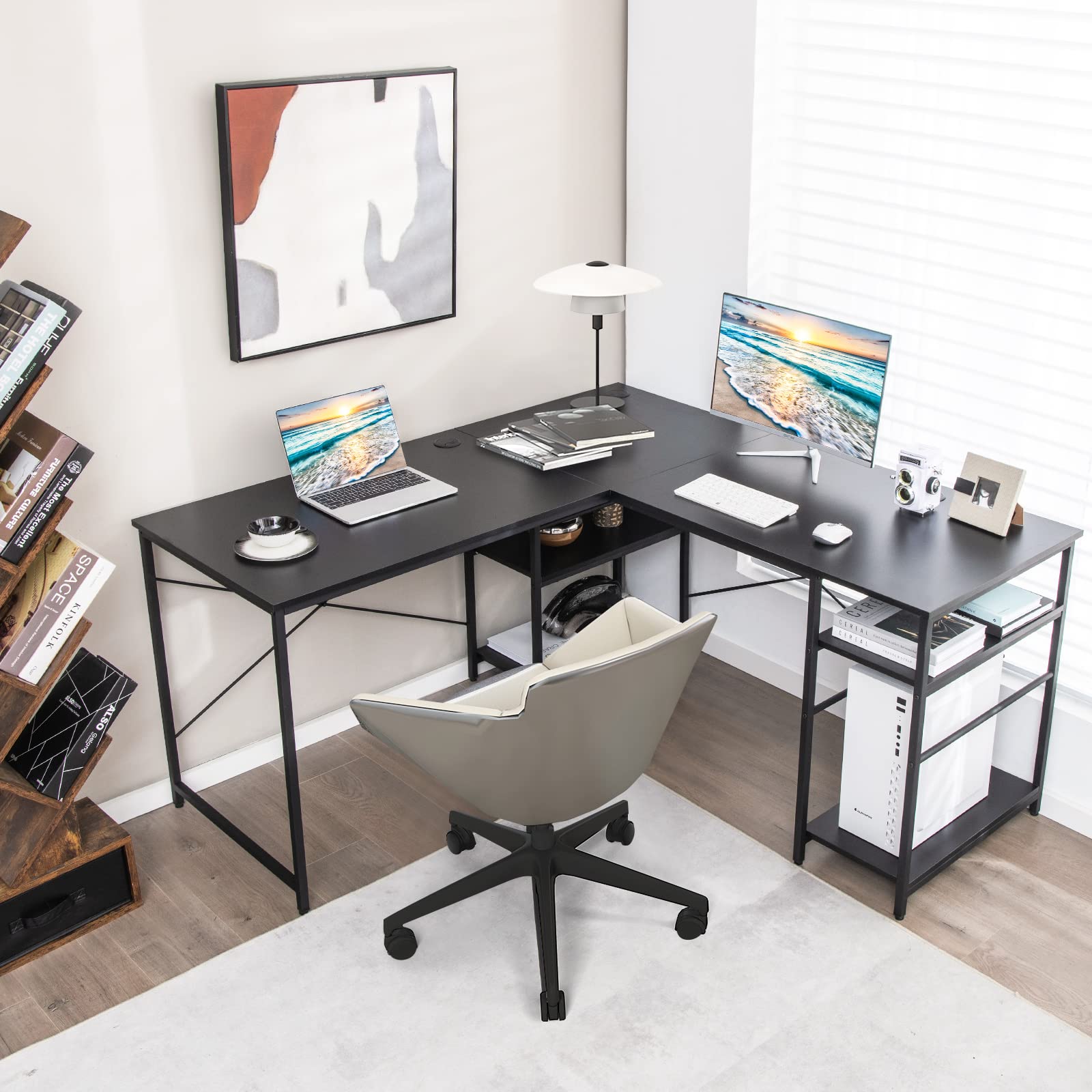 L Shaped Computer Desk, 60" Reversible Corner Desk with 4 Storage Shelves & Cable