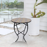 Outdoor Side Table Mosaic 14 Inch Round Accent Table Plant Stand with Concrete Tile Top