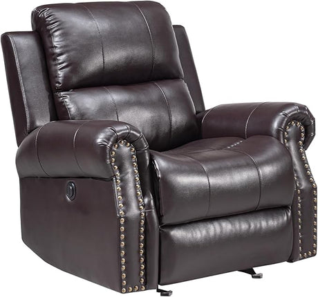 Tavi 37 Inch Glider Chair, Power Recliner, Nailhead Trim, Brown Upholstery