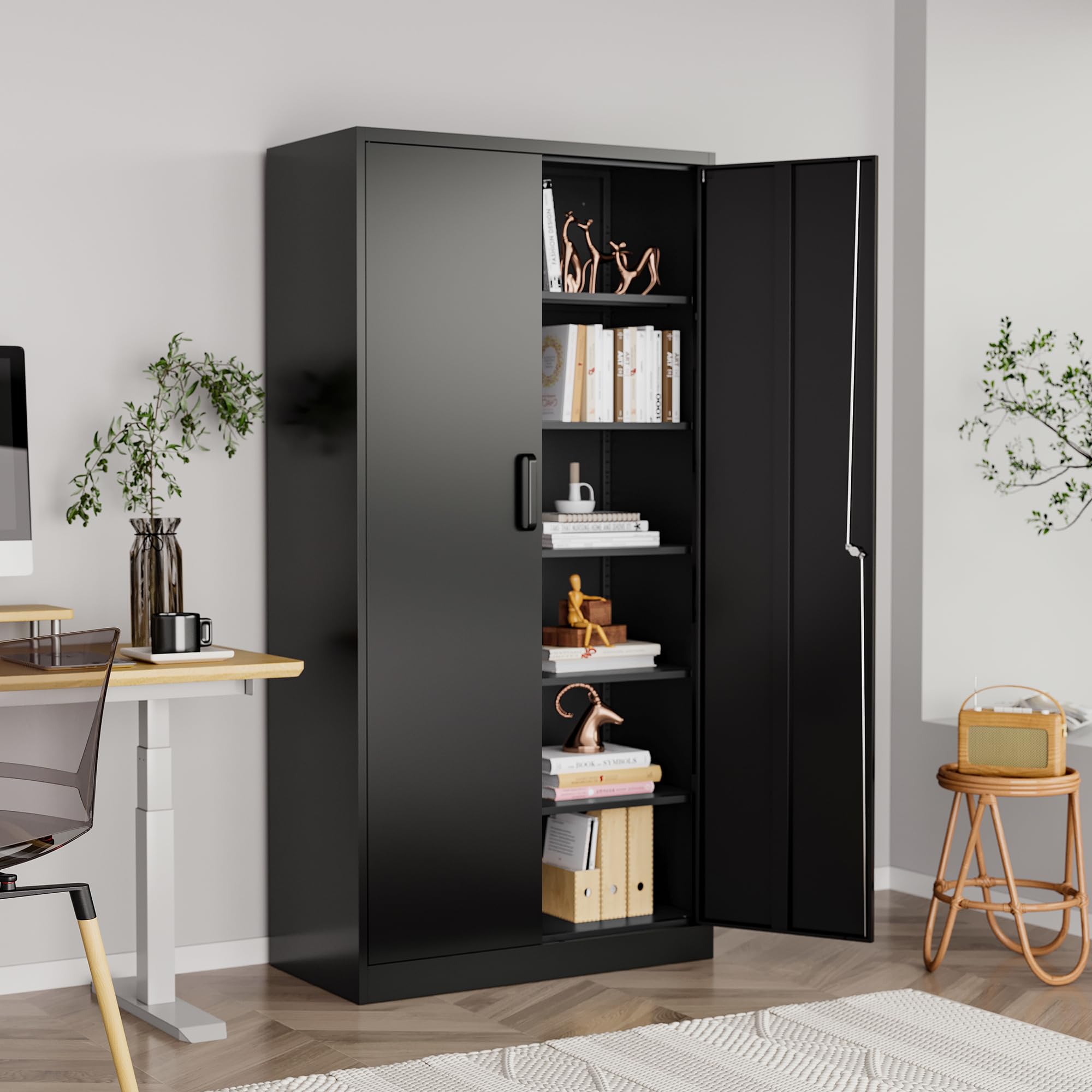AFAIF Metal Garage Storage Cabinet,71" h Tall Garage Cabinet with 2 Doors and 5 Adjustable Shelves, Steel Utility Tool Cabinet Black Locking Cabinets, Lockable File Cabinet Garage Storage Locker