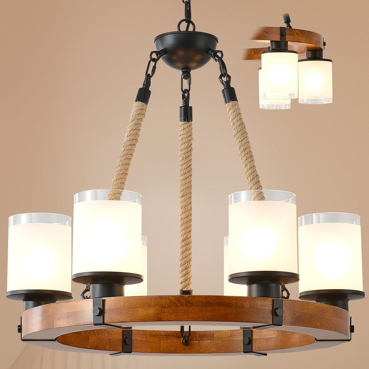 Farmhouse Wood Wagon Wheel Chandelier,6-Light Rustic Pendant Light with Glass Shades