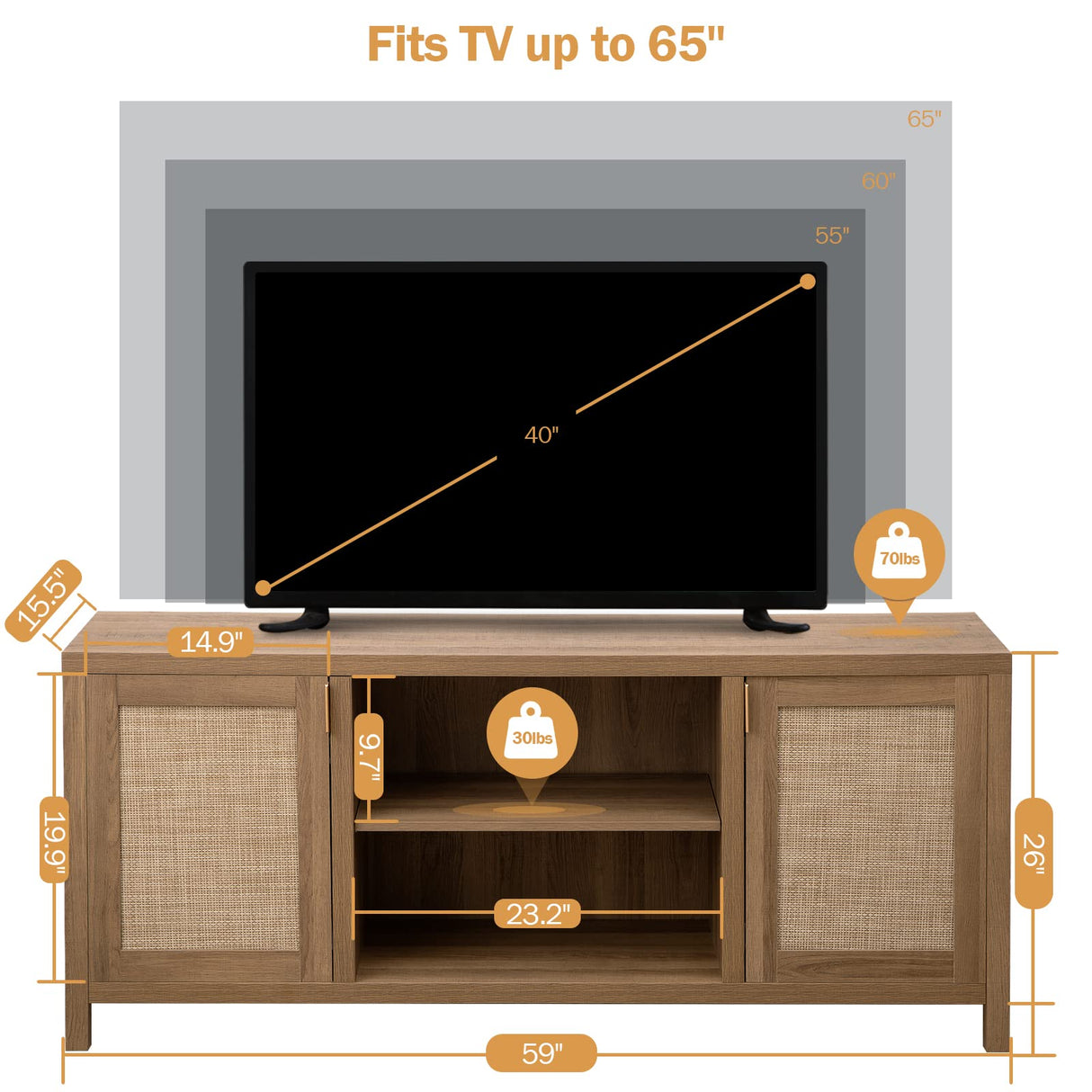 TV Stand for Living Room : Rattan TV Console Cabinet with Storage and Shelfk