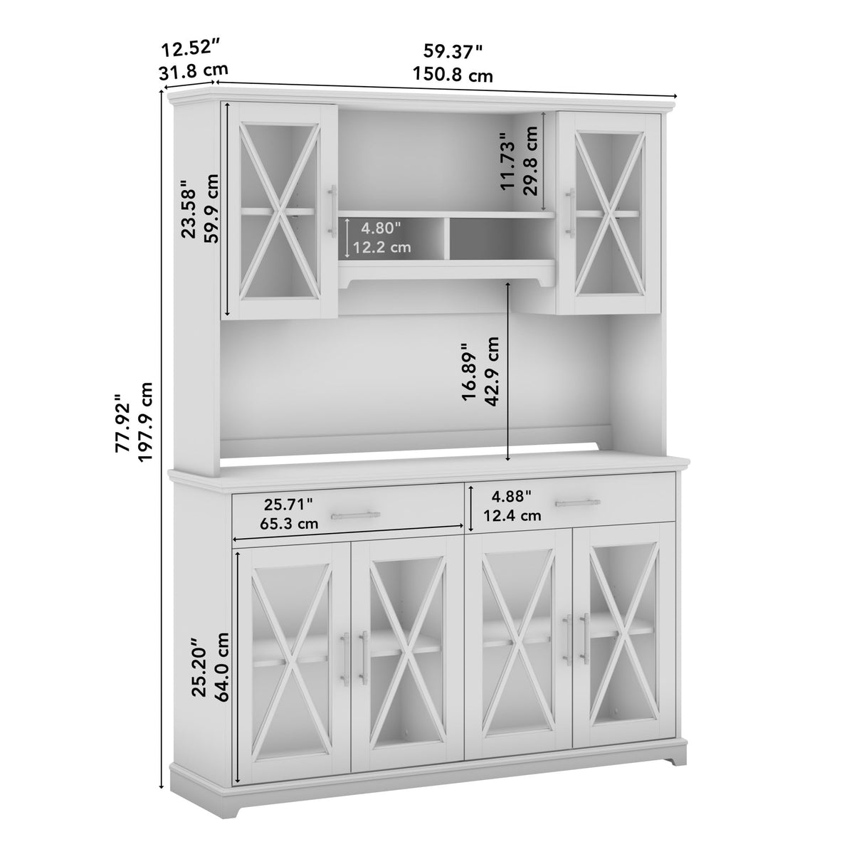 Lennox Farmhouse Sideboard Buffet Cabinet with Hutch | Storage Credenza for Dining Room or Kitchen Area, 60W, Linen White Oak