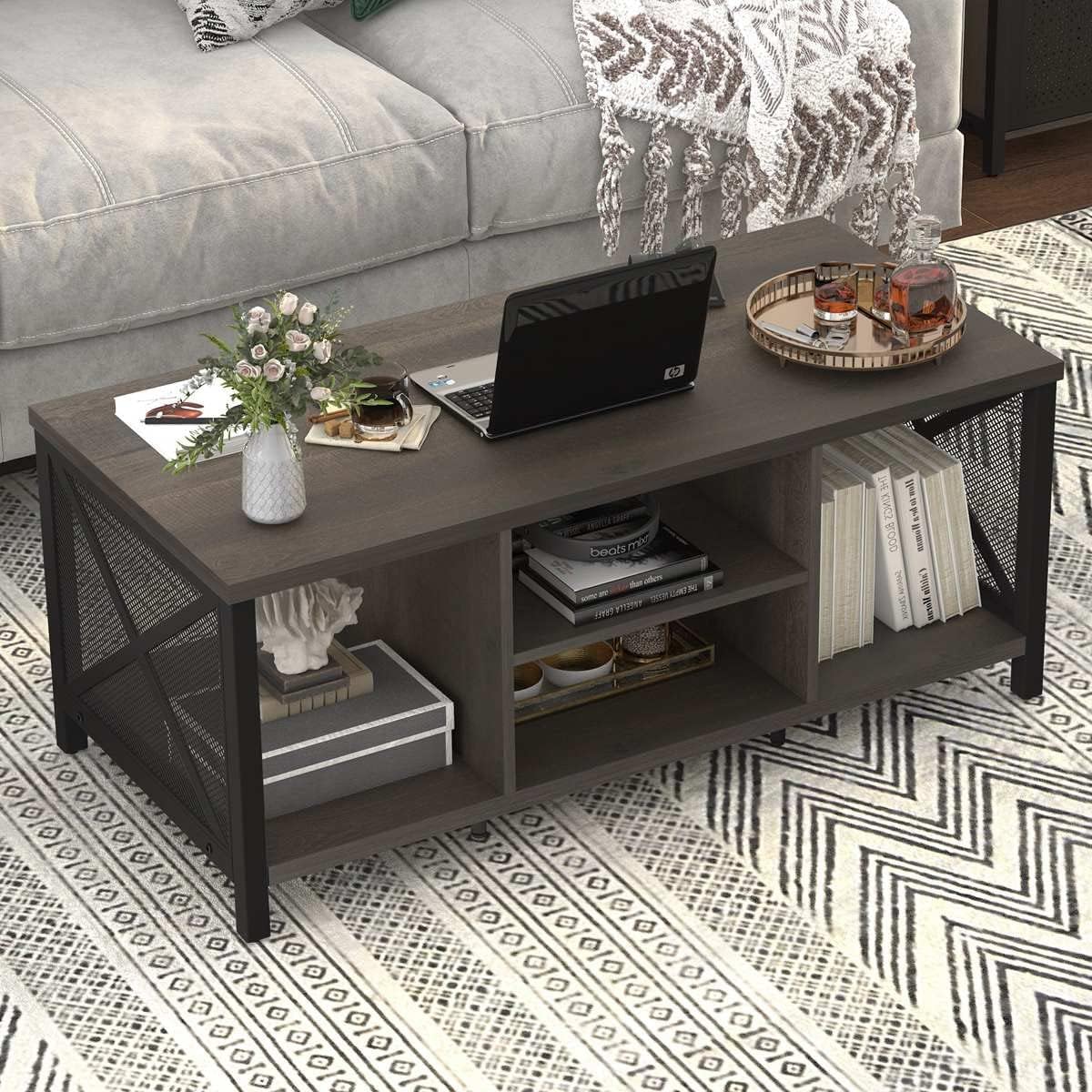 Rustic Coffee Table for Living Room, Farmhouse Dark Wood Center Table