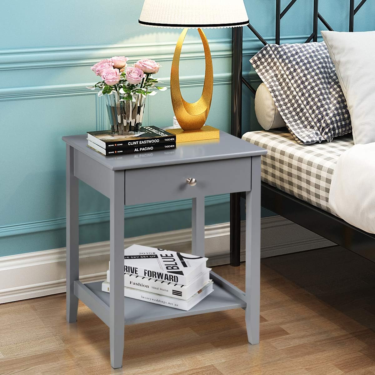 Nightstand Wooden 2-Tier Couch Sofa Side Table with Drawer, Storage Shelf