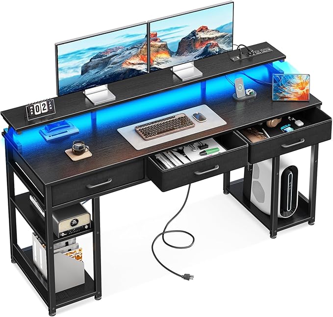 48 inch Computer Desk with 3 Drawers, Gaming Desk with LED Lights & Power Outlets