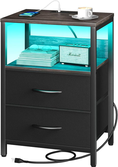 Nightstand with Charging Station, LED Night Stand with Fabric Drawers and Storage Shelf for Bedroom