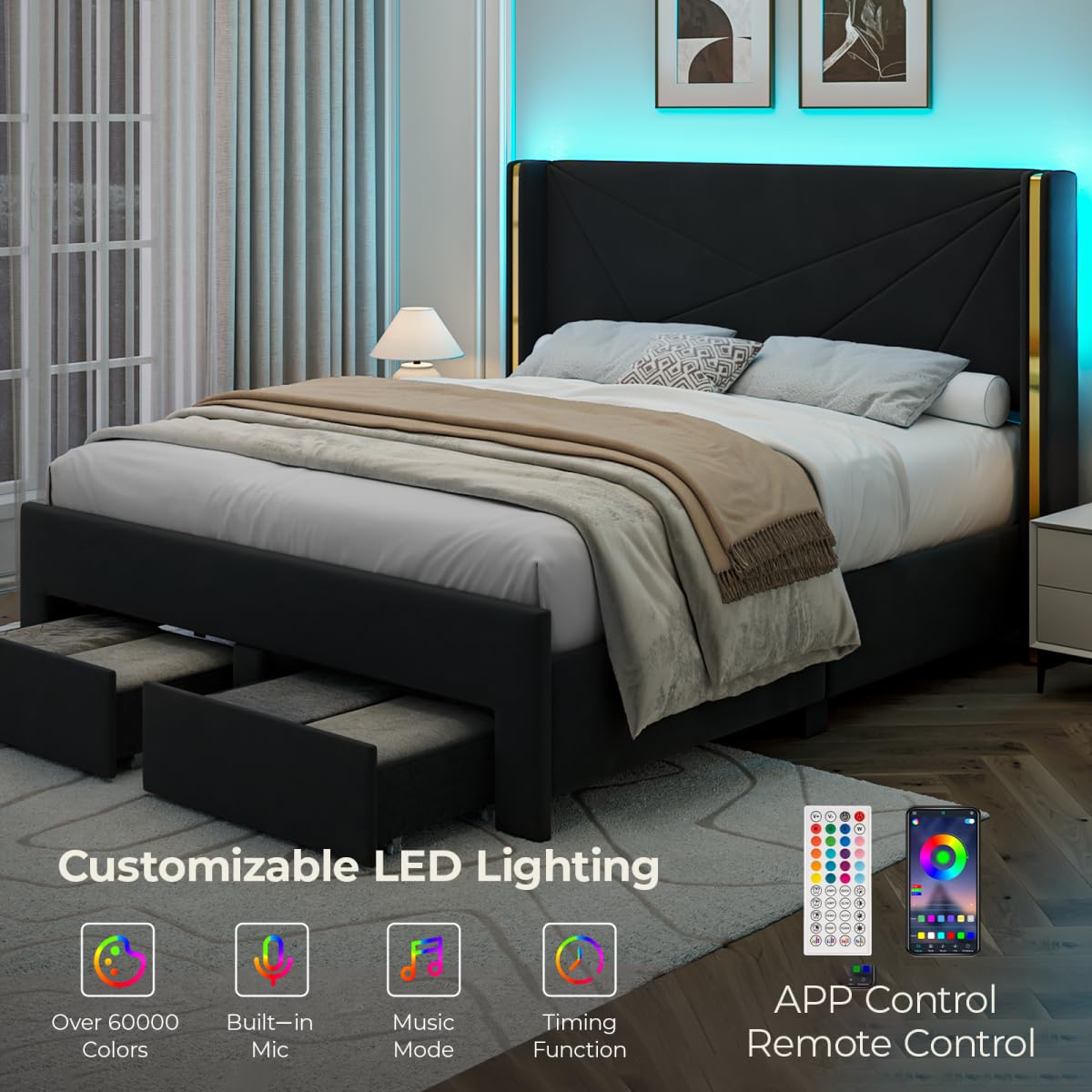 Full Size Platform Bed with Storage Drawers & LED Lights