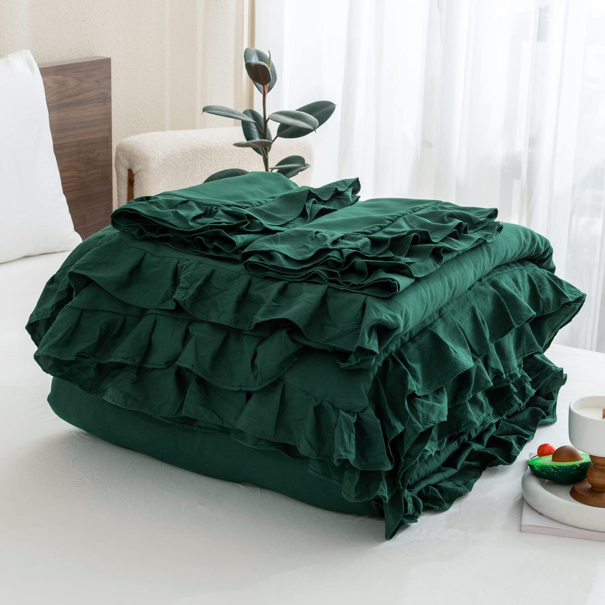 Dark Emerald Green Comforter Set Queen, 3 Pieces Solid Ruffle Farmhouse Bedding Set