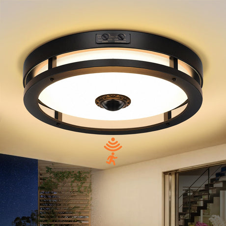 Motion Sensor Flush Mount LED Light, 12" Dusk to Dawn Porch Modern Black Exterior