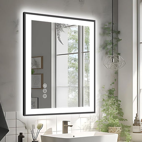 28x36 LED Bathroom Mirror, Black Aluminum Edged, Defogging, Stepless Dimming