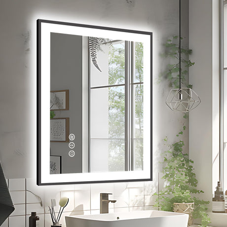 Trymiss 28x36 LED Bathroom Mirror, Black Aluminum Edged, Defogging, Stepless Dimming, Lit up Vanity Mirror, Front and Backlit, 3 Colors Changeable, Tempered Glass, ETL Listed (Horizontal/Vertical)