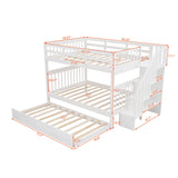 Full Stairway Bunk Bed with Twin Trundle and Storage,Solid Wood Storage Bunk Bed