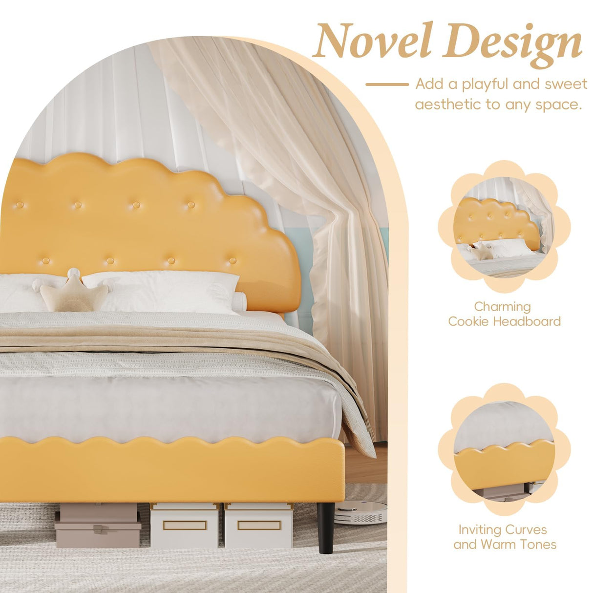 Full Size Bed Frame with Cookie Headboard, Upholstered Platform Bed with Button Tufted Headboard, Princess Bed for Kids/Girls/Teens, No Box Spring Needed, Noise Free, Easy Assembly, Yellow