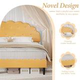 Full Size Bed Frame with Cookie Headboard, Upholstered Platform Bed with Button Tufted Headboard, Princess Bed for Kids/Girls/Teens, No Box Spring Needed, Noise Free, Easy Assembly, Yellow