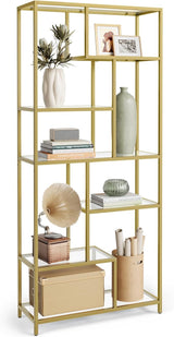 Bookcase, 4-Tier Bookshelf, Freestanding Shelf, 11.8 x 39.4 x 40.6 Inches, Storage Shelf, for Living Room, Office, Bedroom, Kitchen, Transparent and Pale Gold ULGT509A01