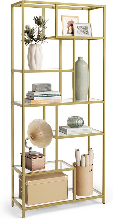 Bookcase, 4-Tier Bookshelf, Freestanding Shelf, 11.8 x 39.4 x 40.6 Inches, Storage Shelf, for Living Room, Office, Bedroom, Kitchen, Transparent and Pale Gold ULGT509A01