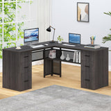 HSH L Shaped Corner Home Office Desk with Drawers, Large Computer Desk with Storage File Cabinet Shelves, Rustic Wood Metal Computer Table for Bedroom Executive Work Study Writing, Dark Gray, 59 Inch