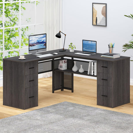 Shaped Corner Home Office Desk with Drawers, Large Computer Desk with Storage File Cabinet Shelves, Rustic Wood Metal Computer Table for Bedroom Executive Work Study Writing, Dark Gray, 59 Inch