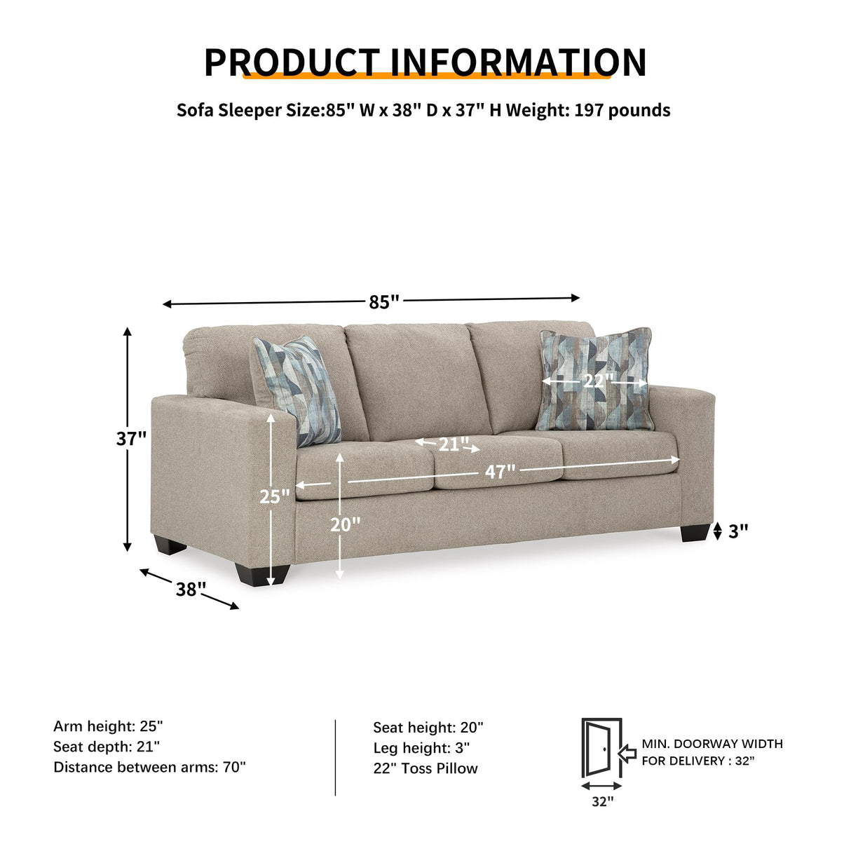 Signature Design by Ashley Deltona Contemporary 2-in-1 Sofa Sleeper with Folding Gel Memory Foam Mattress and 2 Accent Pillows, Queen, Beige
