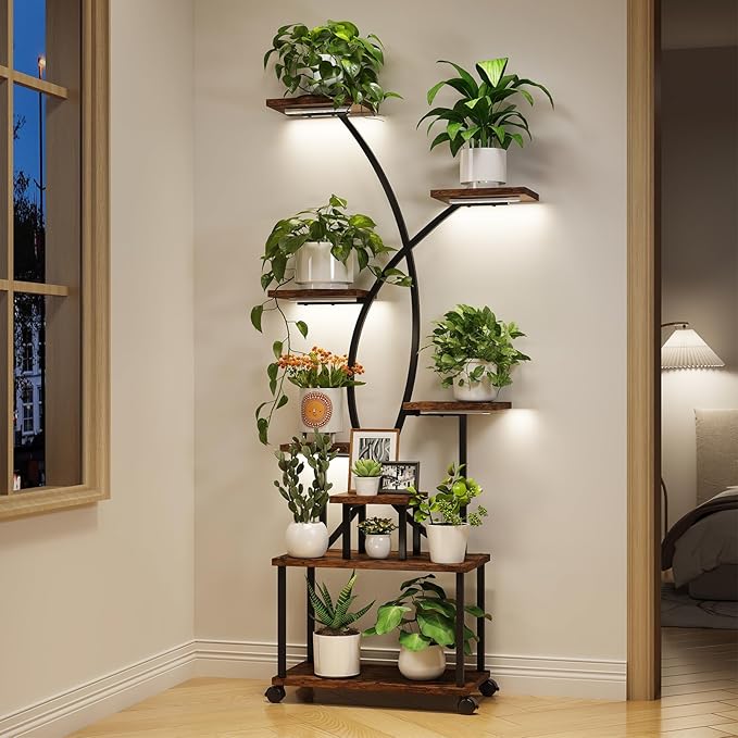 Plant Stand Indoor with Grow Lights, 8-Tiered Large Metal Plant Shelf with Wheels