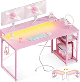 Small Computer Desk with Led Lights & Power Outlet, 40 Inch Reversible Writing Desk