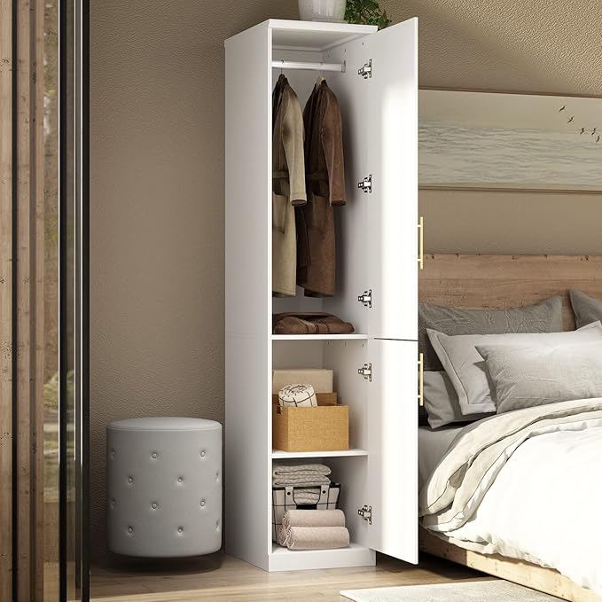 White Wardrobe Armoire with 4 Doors, 3-Tier Shelves & Hanging Rod