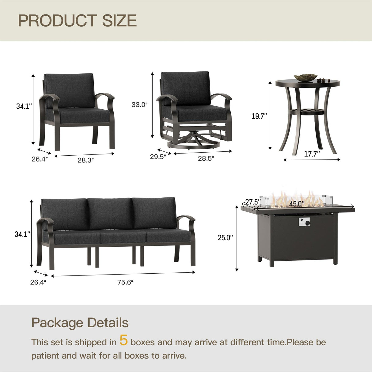 Aluminum Patio Furniture Set with Propane Fire Pit Table