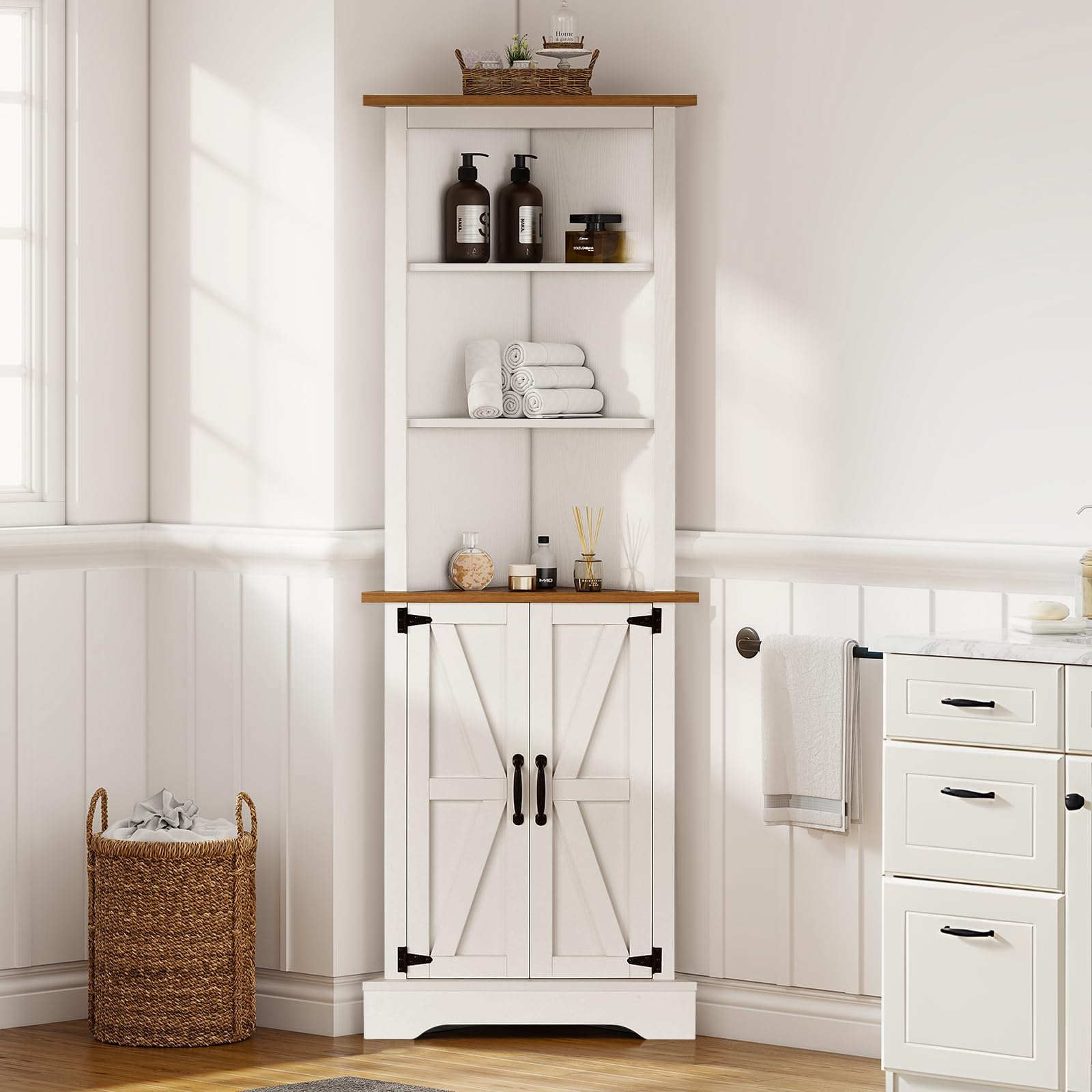 Tall Corner Cabinet, Farmhouse Corner Storage Cabinet with Shelf & Barn Door,