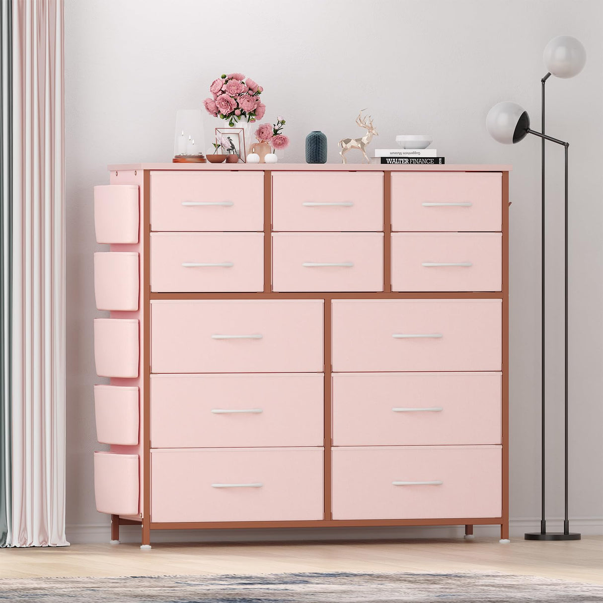 Jojoka Dresser for Bedroom with 12 Drawer, Dressers & Chests of Drawers for Hallway, Entryway, Storage Organizer Unit with Fabric, Sturdy Metal Frame, Wood Tabletop, Easy Pull Handle… (Pink)