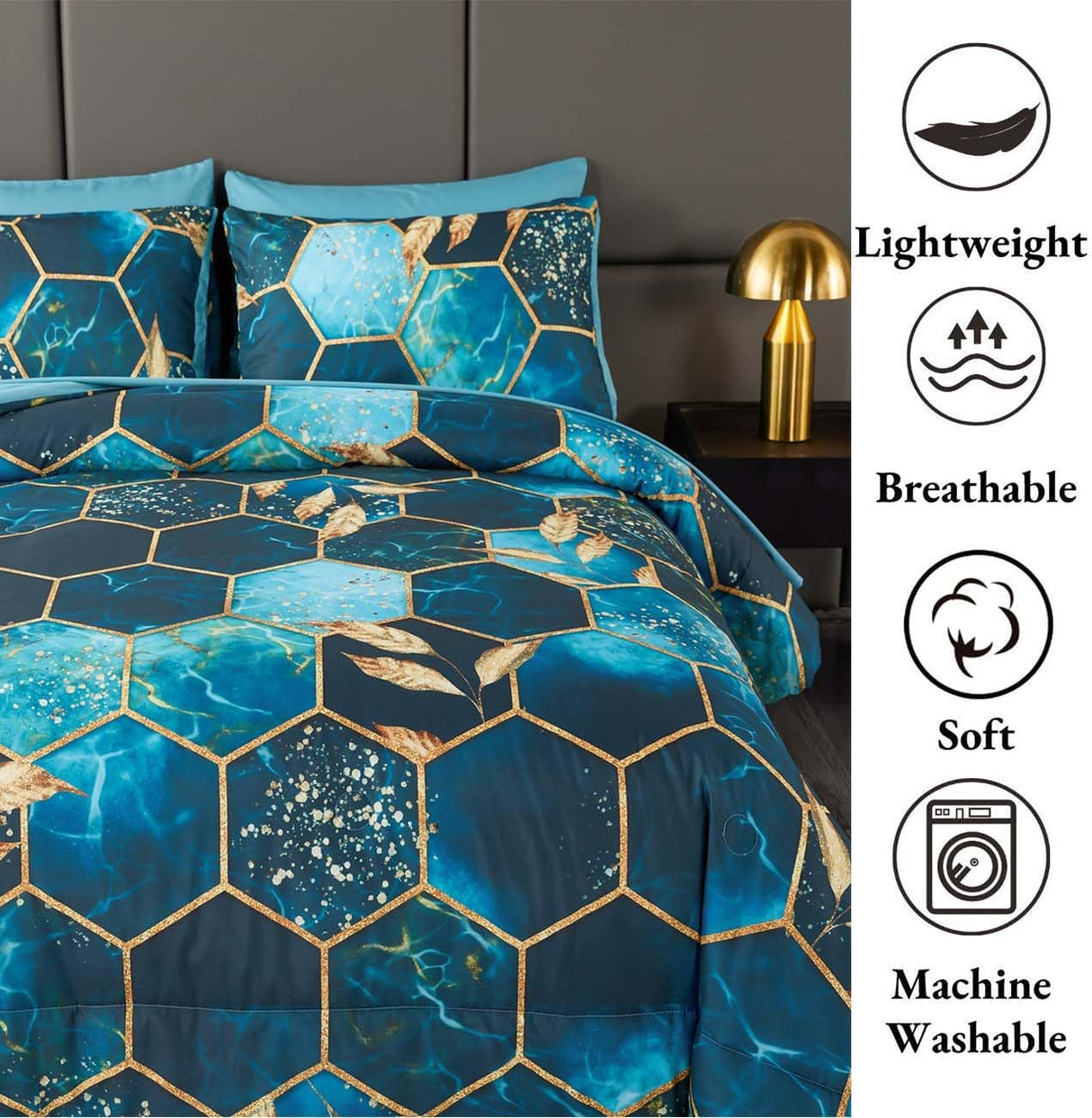 Turquoise Gold Hexagon Queen Comforter Set, 7Pcs Honeycomb Bed