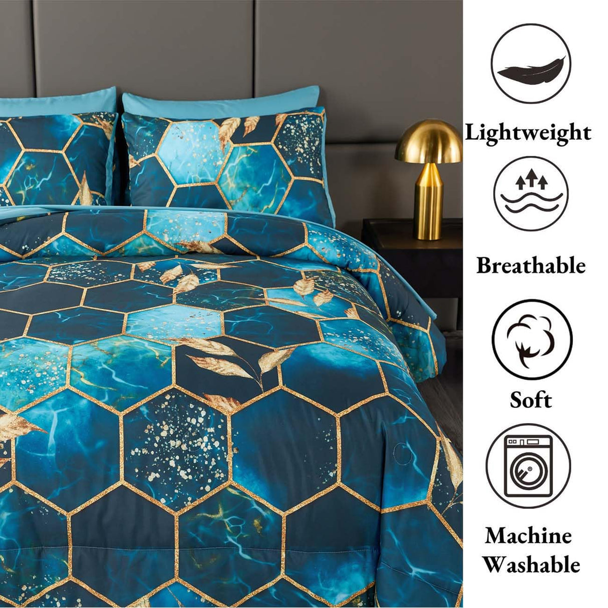 Turquoise Gold Hexagon Queen Comforter Set, 7Pcs Honeycomb Bed