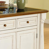 Monarch White Kitchen Island with Distressed Oak Top, Black Granite Top Inset, Hardwood