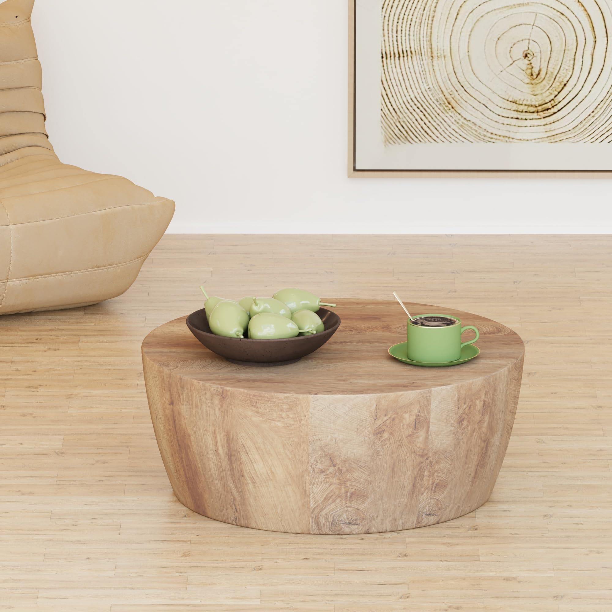 Drum Coffee Table, Modern Industrial Wooden 29.53" Round Coffee Table