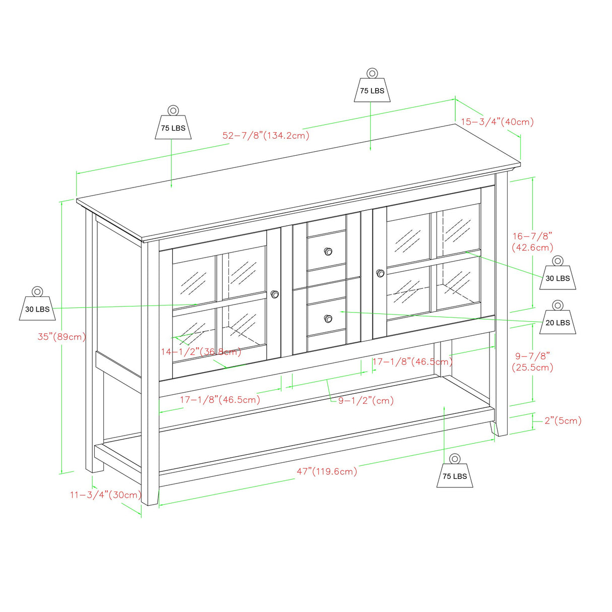 Charlotte Classic Glass Door Storage Buffet, 52 Inch, Black