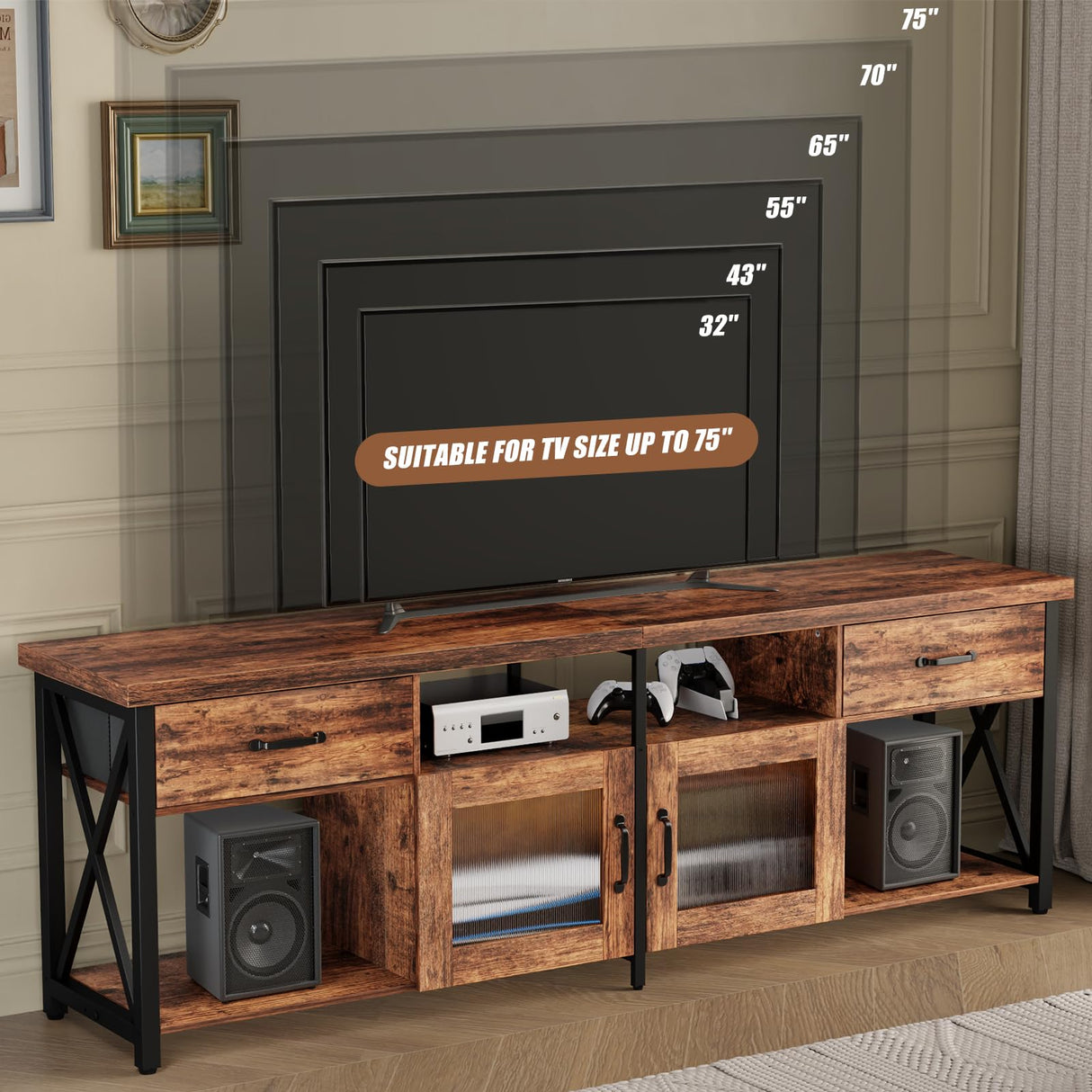 Tall TV Stand for 75 80 Inch TV, Entertainment Center with Fabric Drawers & Cabinets, Industrial Gaming Console Table with Soundbar Shelf for Living Room, Bedroom, Rustic Brown (71 Inches)