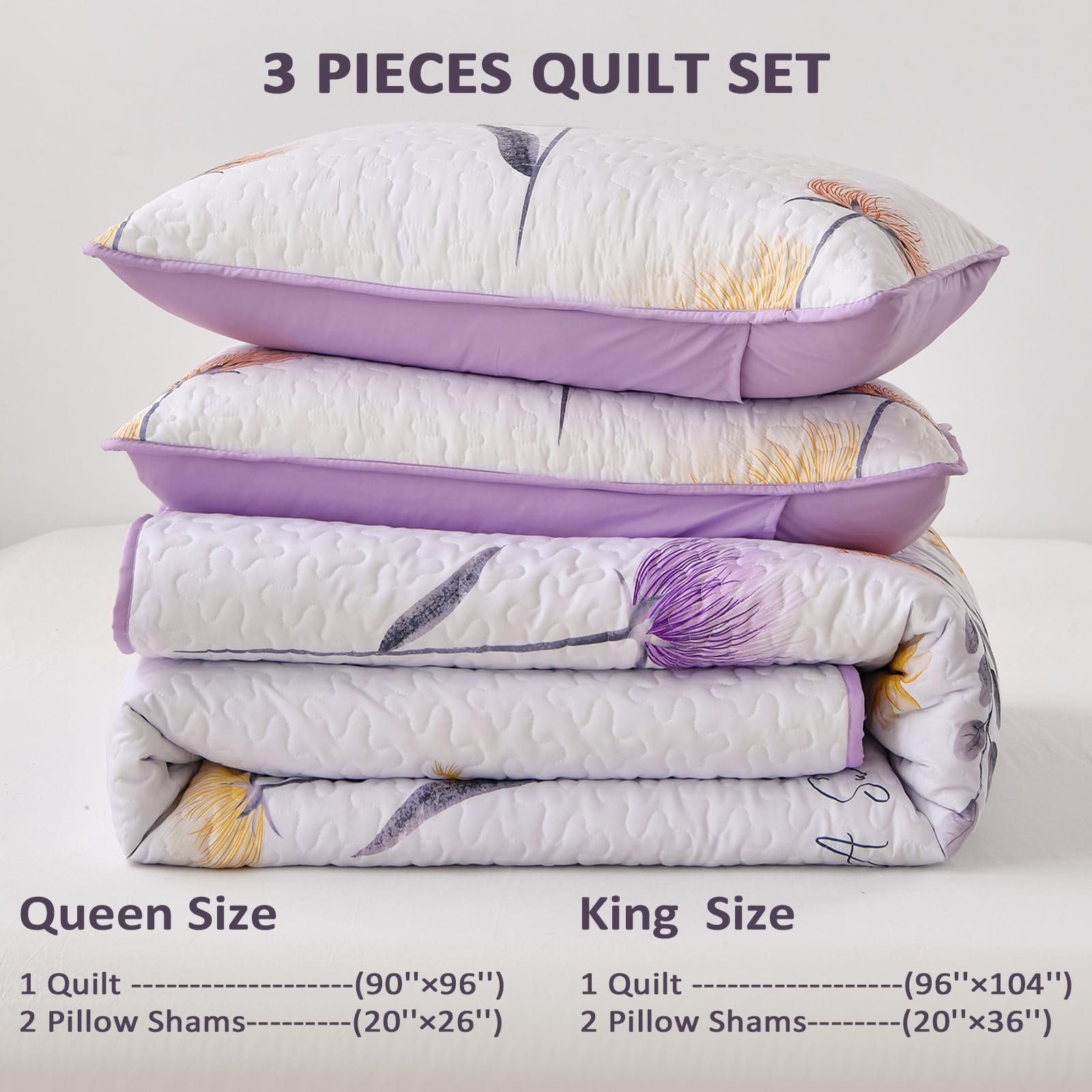 King Size Quilt Set Floral,3 Pieces Purple & Yellow Quilts Coverlet Set Boho Bedspreads Bed Cover Lightweight White Botanical Quilt Bedding Sets for King Bed (90"x104")