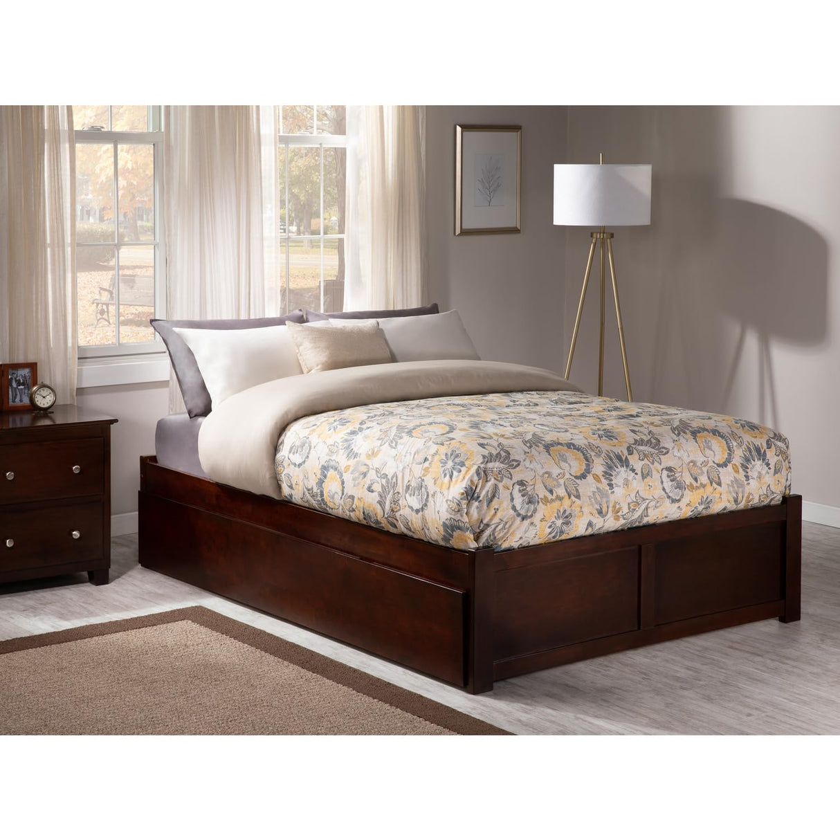 Full Platform Bed with Flat Panel Footboard and Turbo Charger with Twin Size Trundle