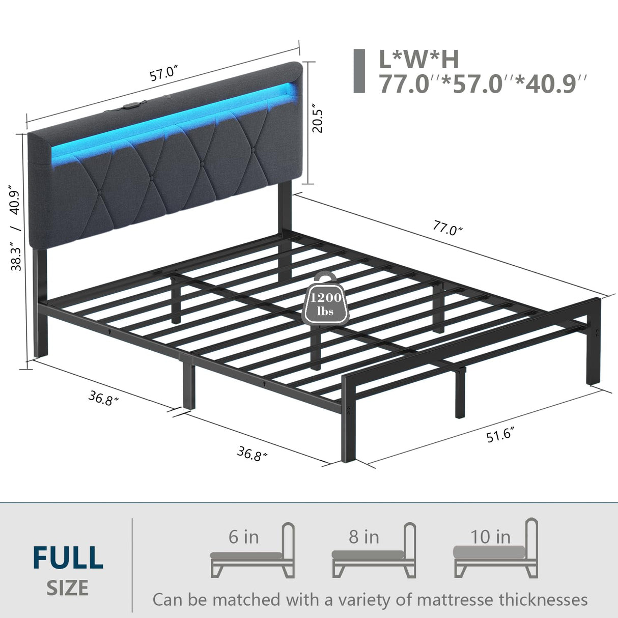 Full Size Bed Frame with Charging Station and LED Lights, Upholstered Bed with Height