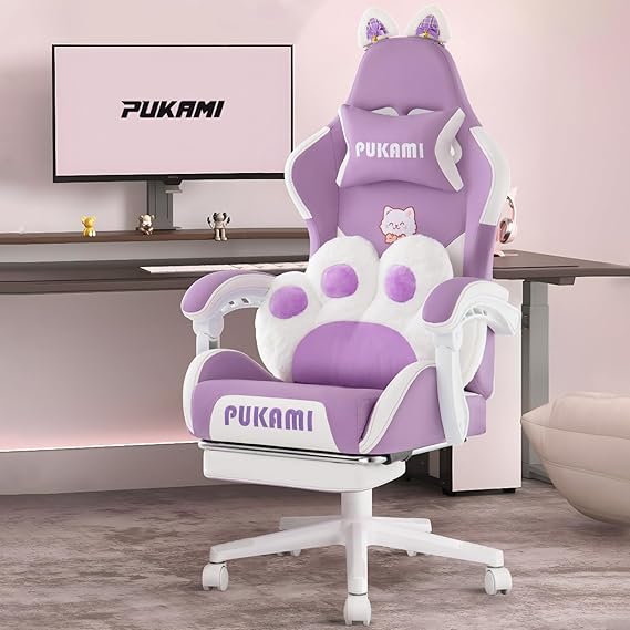 Pink Gaming Chair with Cat Ears - Ergonomic Reclining PC Chair with Footrest