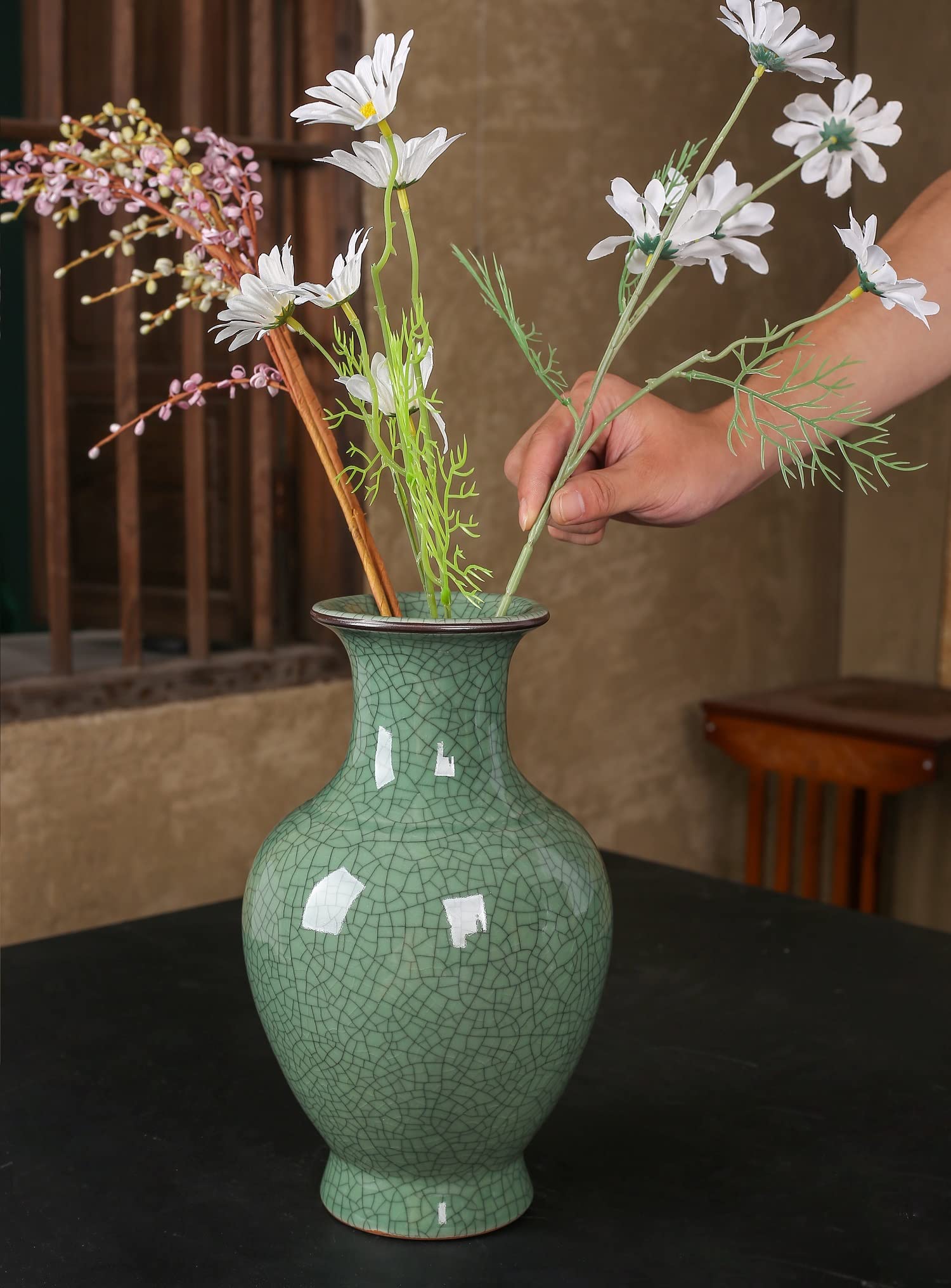 Green Ceramic Vase for Home Decor, Rustic Oriental Vases